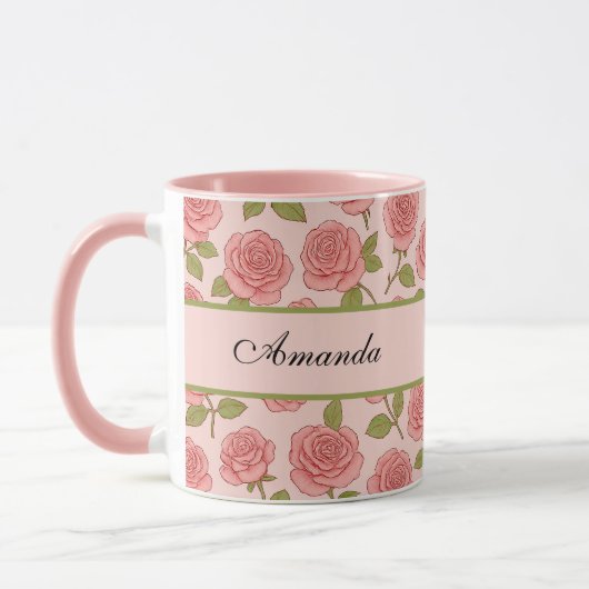  roze rozenpatroon met naam mok (Links)