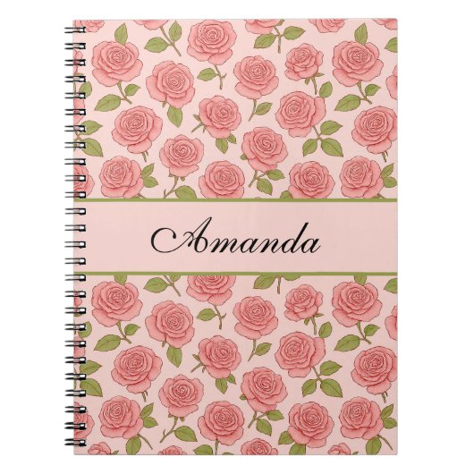 roze rozenpatroon met naam notitieboek (Voorkant)
