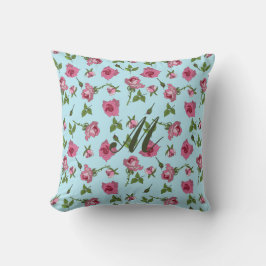 Roze rozenpatroon op blauw monogram Sierkussen