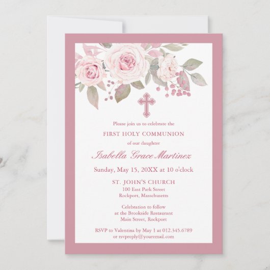 Roze rozenpioen Bloemen Eerste Heilige Communie Kaart (Voorkant)