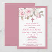 Roze rozenpioen Bloemen Eerste Heilige Communie Kaart (Voorkant / Achterkant)