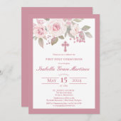 Roze rozenpioen Bloemen Eerste Heilige Communie Kaart (Voorkant / Achterkant)