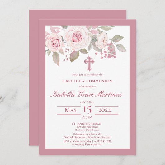 Roze rozenpioen Bloemen Eerste Heilige Communie Kaart (Voorkant / Achterkant)