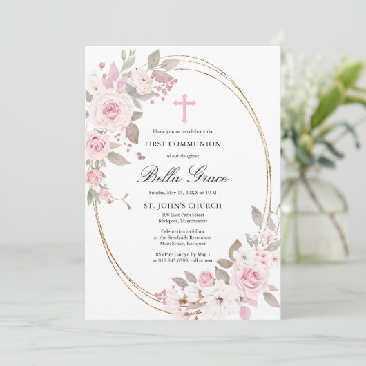 Roze rozenpioen Bloemen Eerste Heilige Communie Kaart (Staand voorkant)
