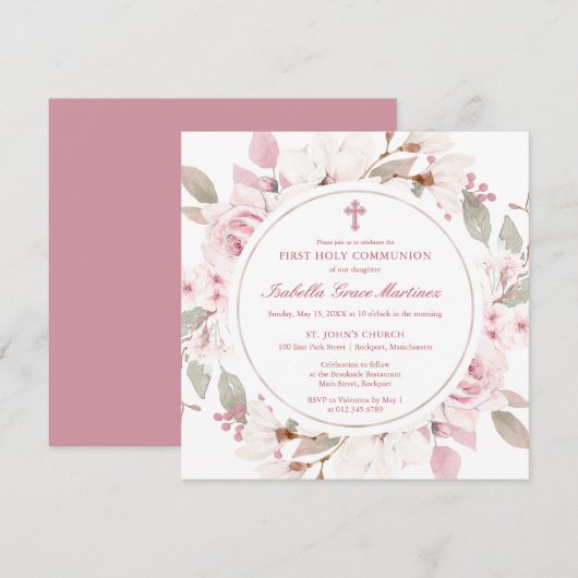 Roze rozenpioen Bloemen Eerste Heilige Communie Kaart (Voorkant / Achterkant)