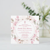 Roze rozenpioen Bloemen Eerste Heilige Communie Kaart (Staand voorkant)