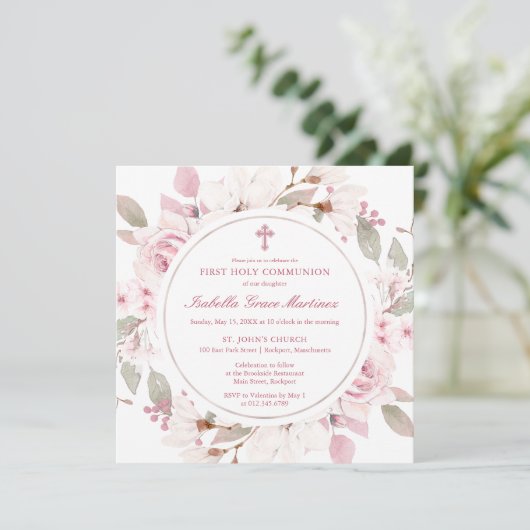 Roze rozenpioen Bloemen Eerste Heilige Communie Kaart (Staand voorkant)