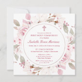 Roze rozenpioen Bloemen Eerste Heilige Communie Kaart (Voorkant)