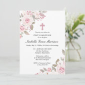 Roze rozenpioen Bloemen Eerste Heilige Communie Kaart (Staand voorkant)