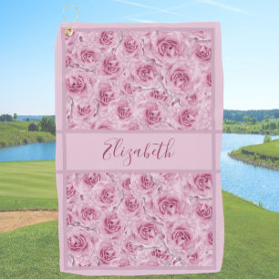 Roze rozenprint met eigen naam dames golfhanddoek