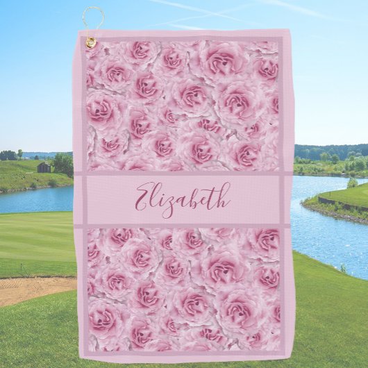 Roze rozenprint met eigen naam dames golfhanddoek