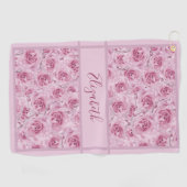 Roze rozenprint met eigen naam dames golfhanddoek (Horizontaal)