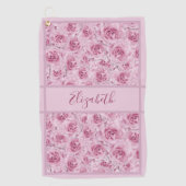 Roze rozenprint met eigen naam dames golfhanddoek (Voorkant)