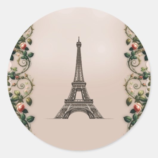 Roze Rozenranken Eiffeltoren Elegant Ronde Sticker (Voorkant)