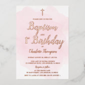 Roze Rozenrood kruis Baptisme en 1e verjaardag Folie Feestdagenkaart (Voorkant)