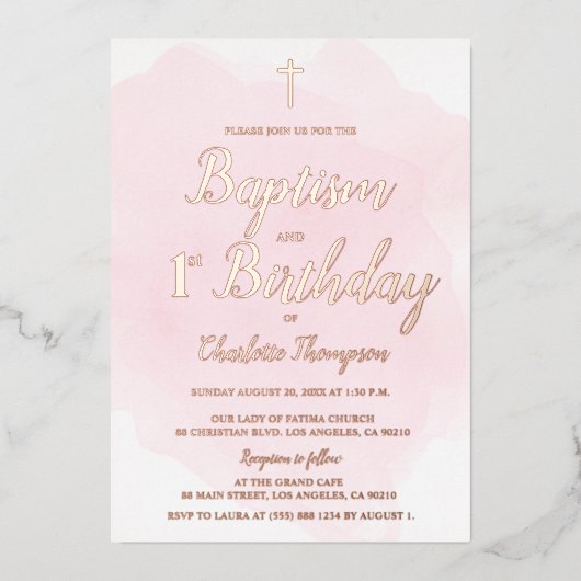 Roze Rozenrood kruis Baptisme en 1e verjaardag Folie Feestdagenkaart (Voorkant)