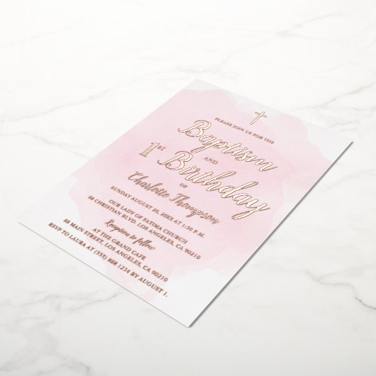 Roze Rozenrood kruis Baptisme en 1e verjaardag Folie Feestdagenkaart (Gedraaid)