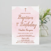 Roze Rozenrood kruis Baptisme en 1e verjaardag Folie Feestdagenkaart (Staand Voorkant)