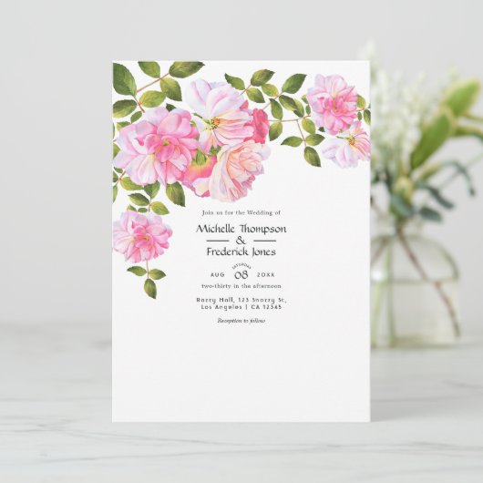 Roze Rozentuin Bruiloft Kaart (Staand voorkant)