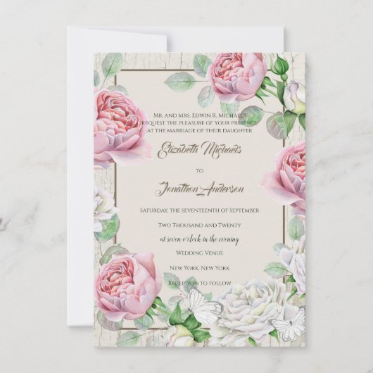 Roze Rozentuin Bruiloft Kaart (Voorkant)