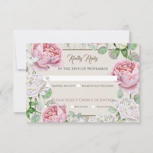 Roze Rozentuin Bruiloft RSVP Kaartje (Voorkant)