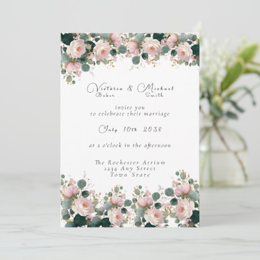 Roze Rozentuin Eucalyptus bruiloft Kaart (Staand voorkant)