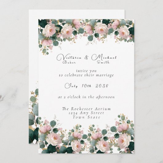 Roze Rozentuin Eucalyptus bruiloft Kaart (Voorkant / Achterkant)