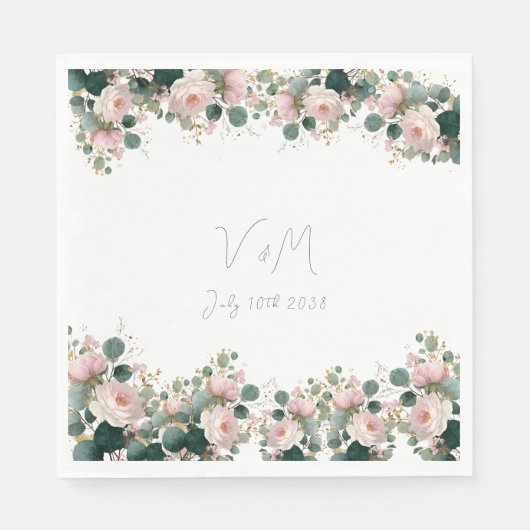 Roze Rozentuin Eucalyptus Bruiloft Servet (Voorkant)