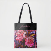 Roze Rozentuin Gebrandschilderde Uitzicht Monogram Tote Bag (Voorkant)