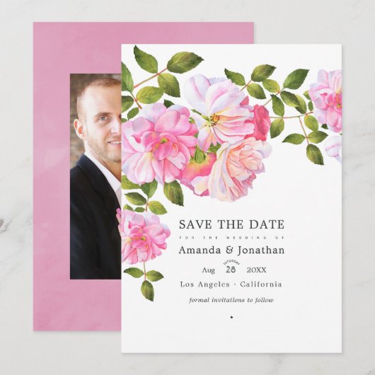 Roze rozentuin trouwfoto save the date (Voorkant / Achterkant)