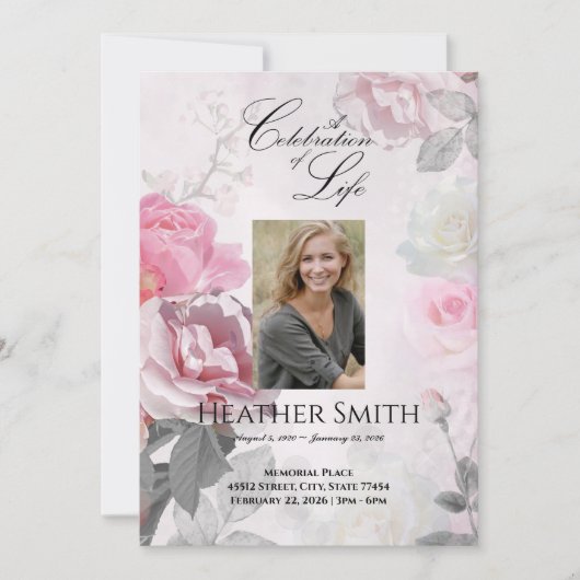 Roze rozenviering van het leven begrafenis kaart (Voorkant)