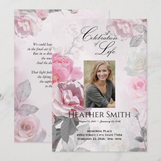 Roze rozenviering van het leven begrafenis kaart (Voorkant / Achterkant)