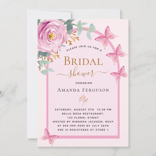 Roze rozenvlinders bloemenboog Vrijgezellenfeest Kaart (Voorkant)