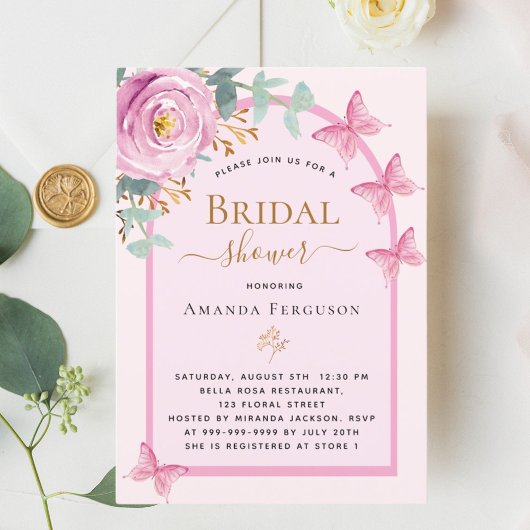 Roze rozenvlinders bloemenboog Vrijgezellenfeest Kaart