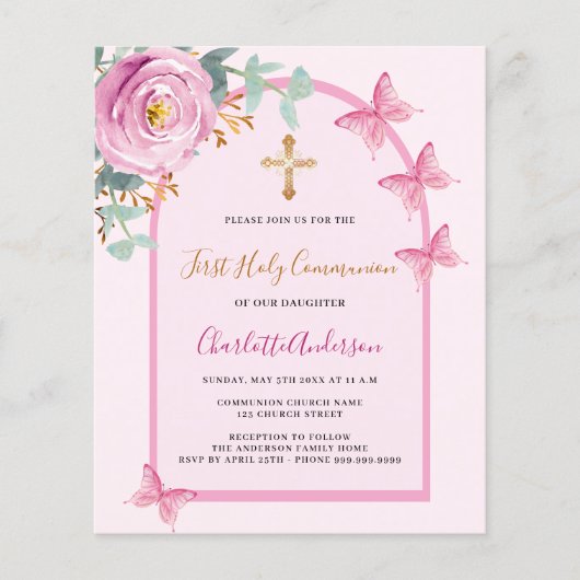 Roze rozenvlinders boog Eerste Heilige Communie (Voorkant)