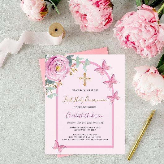 Roze rozenvlinders boog Eerste Heilige Communie