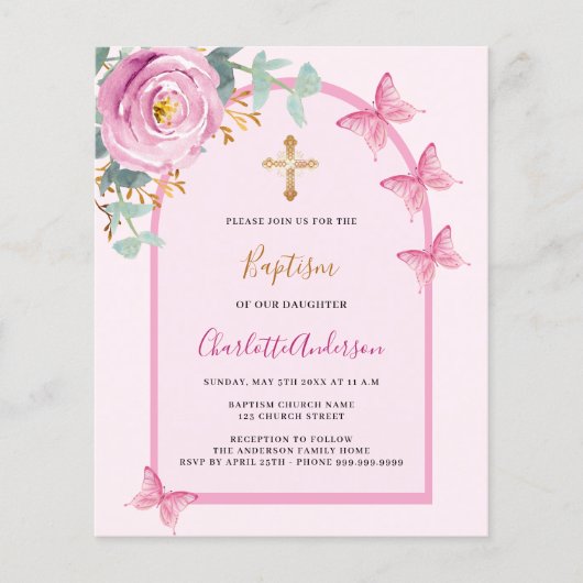 Roze rozenvlinders boogmeisje doop uitnodiging (Voorkant)