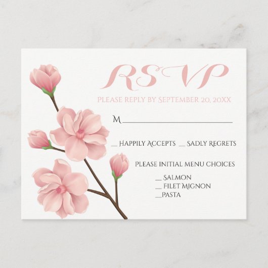 ROZE RSVP BLOEMEN KERSENBLOESEMS BRUILOFT BLOEMEN UITNODIGING BRIEFKAART (Voorkant)