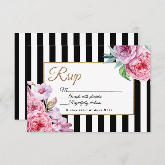 Roze RSVP-kaart en Stripes RSVP Kaartje (Voorkant / Achterkant)