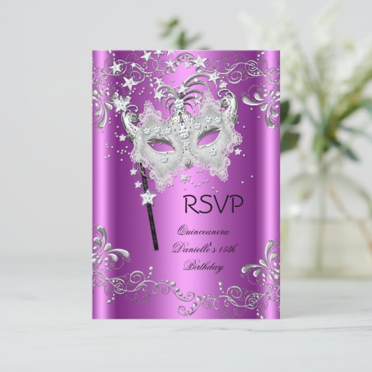 Roze RSVP Quinceanera 15e partij Masquerade (Staand voorkant)