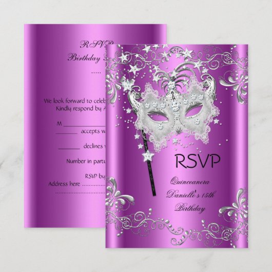 Roze RSVP Quinceanera 15e partij Masquerade (Voorkant / Achterkant)