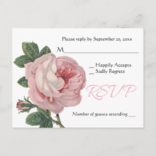 Roze RSVP-Roos Bloed  Shabby Chic Wedding Uitnodiging Briefkaart (Voorkant)