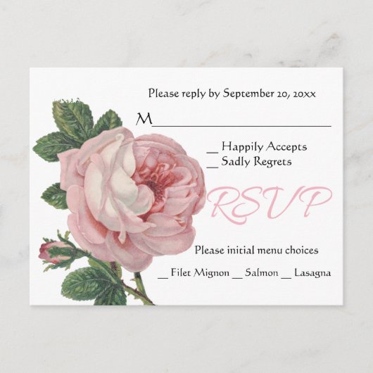 Roze RSVP-Roos Bloed Shabby Chic Wedding Uitnodiging Briefkaart (Voorkant)