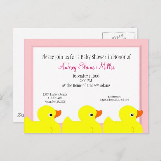 Roze Rubber Ducky Douche Uitnodiging (Voorkant / Achterkant)