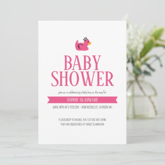 Roze Rubber Eend Baby Meisje Douche Kaart (Staand voorkant)