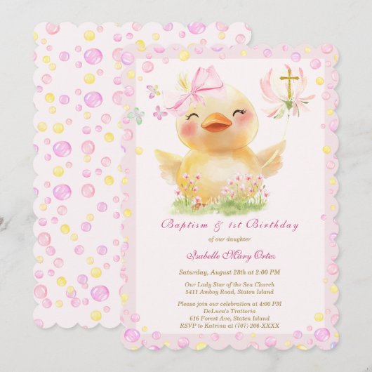 Roze Rubber Eend Doop en Verjaardag Kaart (Voorkant / Achterkant)