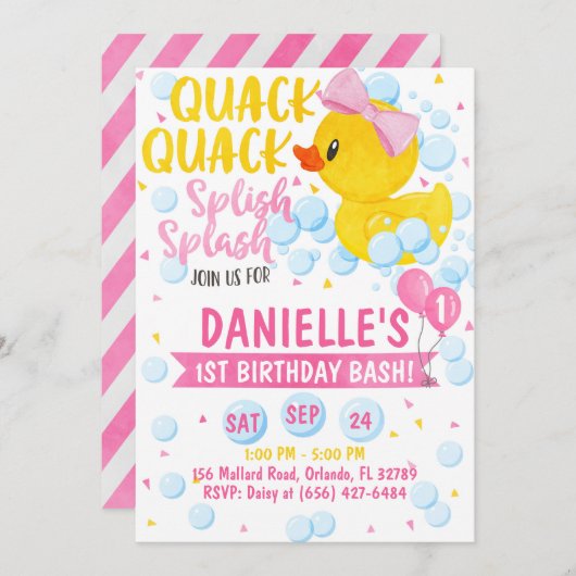 Roze Rubber Eendje Uitnodiging (Voorkant / Achterkant)