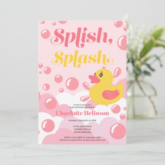 Roze rubbereend spetbol baby shower kaart (Staand voorkant)