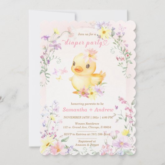 Roze RUBBEREN EEND Luier Feest Template Kaart (Voorkant)