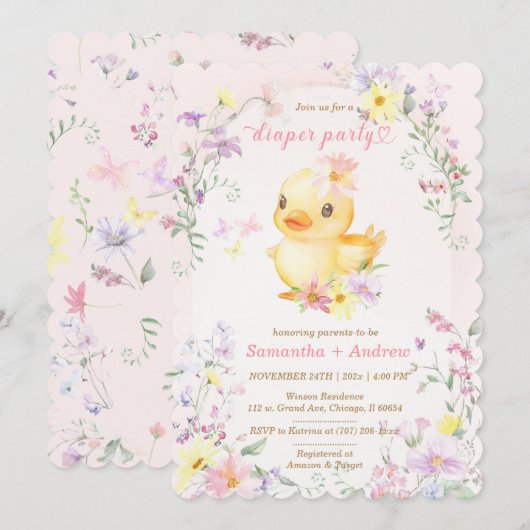 Roze RUBBEREN EEND Luierfeest Template Kaart (Voorkant / Achterkant)